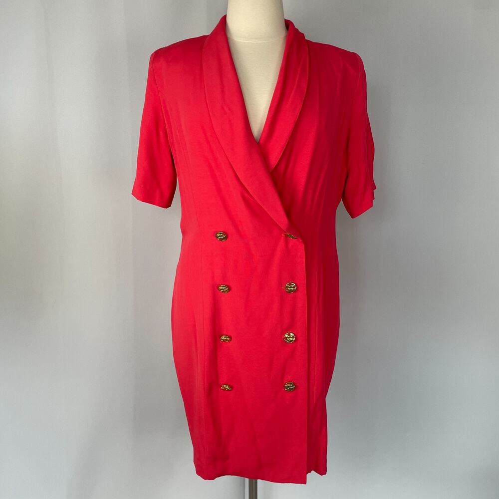 Vintage Coat Dress Size 16 Coral Pink Double Breasted Office Secretary Minimal